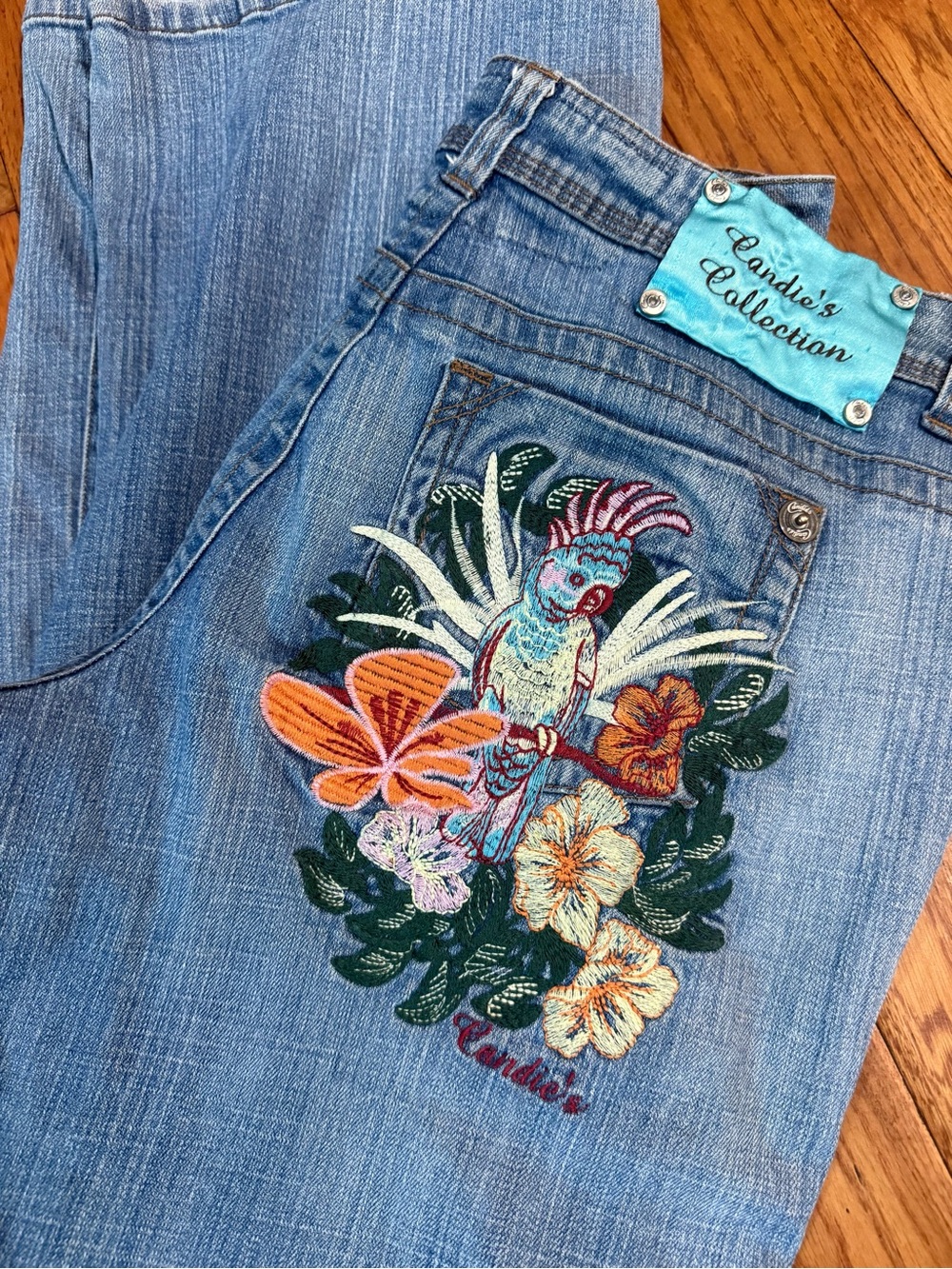 Candie's Light Blue Bootcut Jeans with Colorful Parrot Embroidery